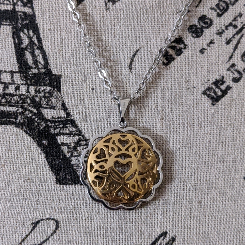 Two Tone Heart Medallion Necklace